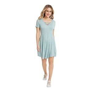 Maurices Women's M 24/7  Lace Front V-neck Green Splat Mini Pockets Skater Dress